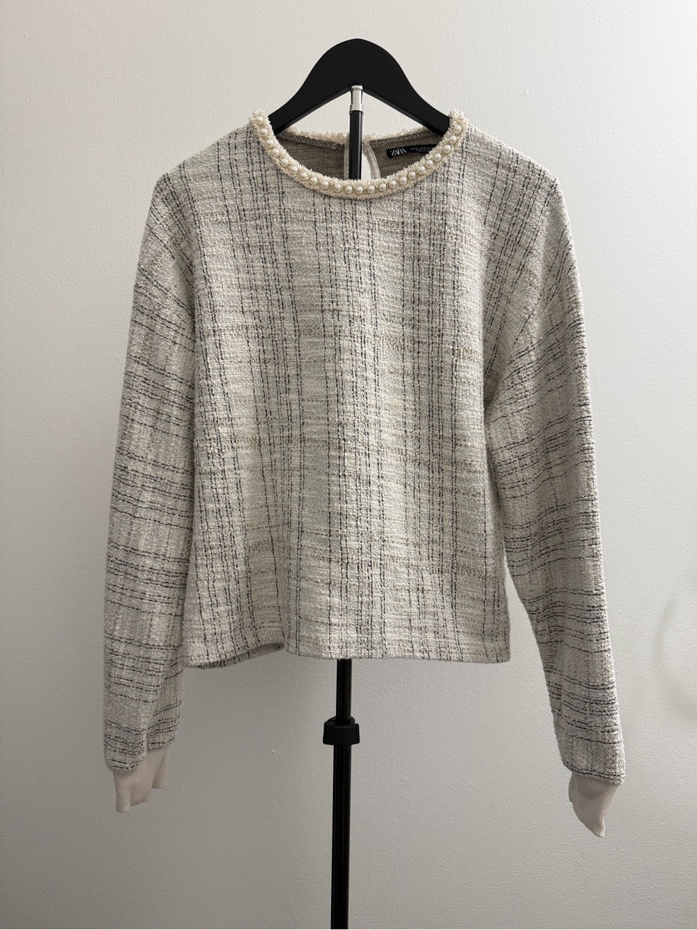 ZARA Ivory Tweed Sweater with Pearl-Neckline